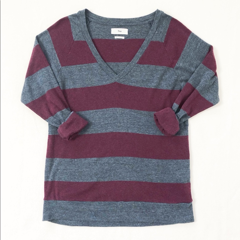 Aritzia TNA Pomona Striped V Neck Oversized Soft Casual T Shirt Rolled Sleeve XS - Picture 6 of 16